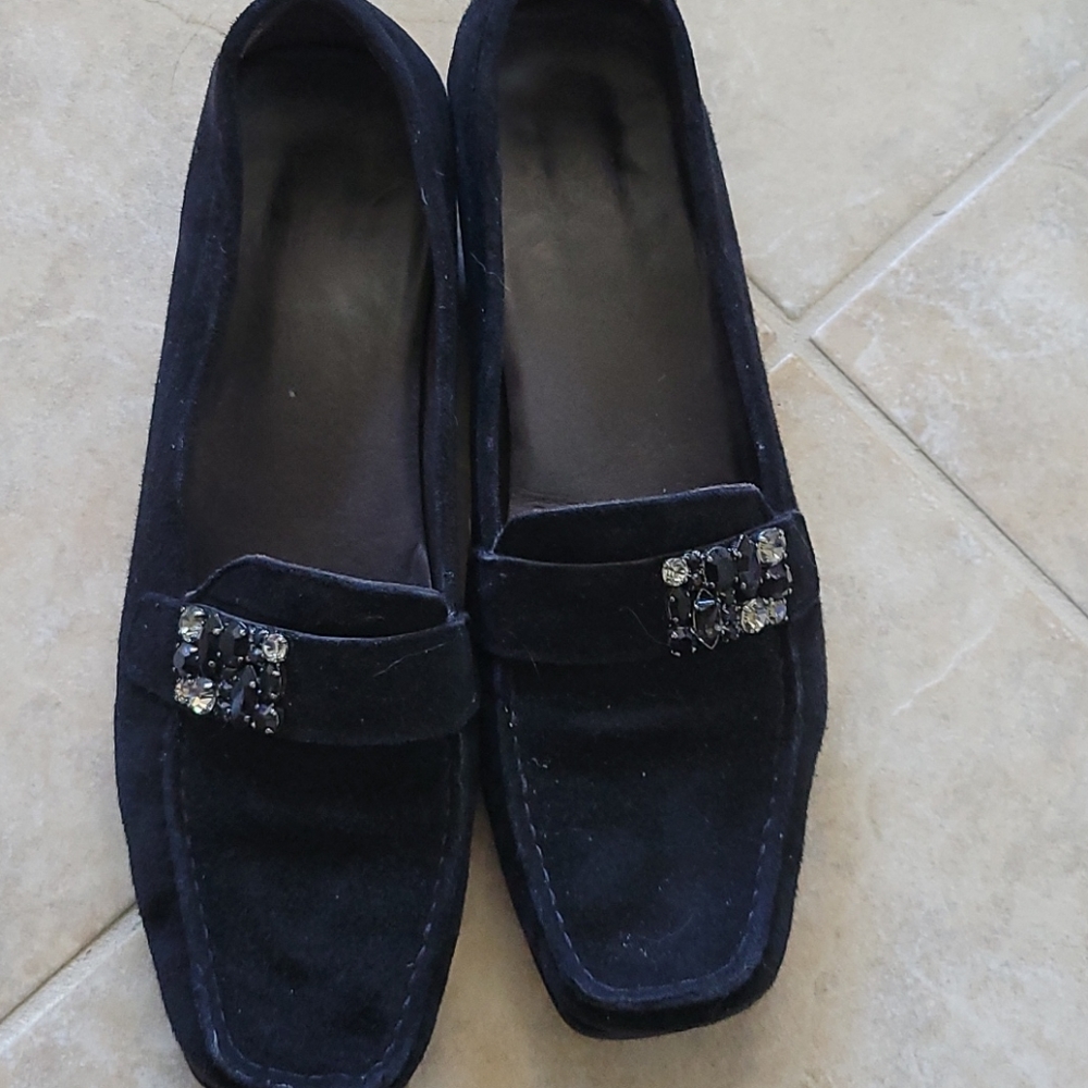 Stuart Weitzman Black Suede Jeweled Crystal Buckle Square Toe Loafers Size 8